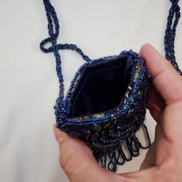 Vintage Blue Beaded Evening Bag With Fringe & Strap - Picture 4 of 12